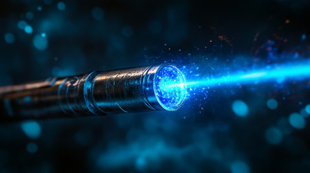 Blue laser on dark background.の素材