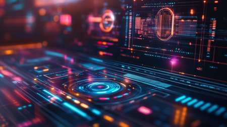 Holographic screen with floating data points and graphs, futuristic interface design, and a large area for copy space.の素材