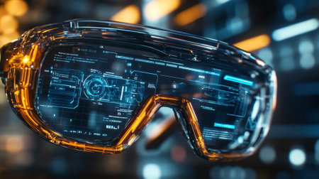 Augmented reality glasses displaying a high-tech interface, showing navigation and digital overlays.の素材