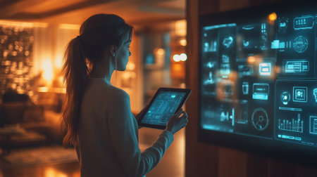 Smart home technology, digital interface controlling lights, security, and appliances through a tablet.の素材