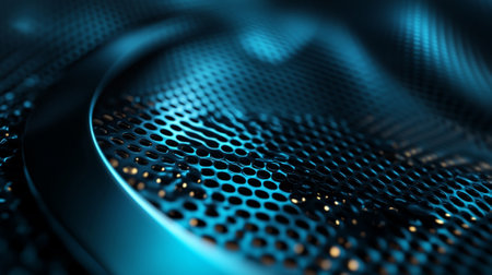 Abstract tech background with smooth metallic curves, glowing blue accents, and a large uncluttered area for copy space.の素材