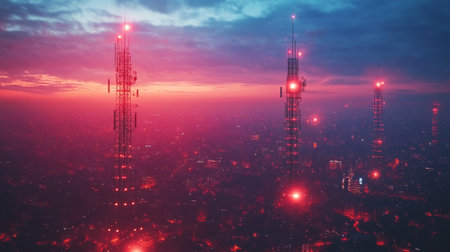 Concept of 5G network, cityscape with glowing wireless towers and fast data transmission signals.の素材