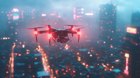 Futuristic digital cityscape with neon lights, flying drones, and holographic advertisements.の素材