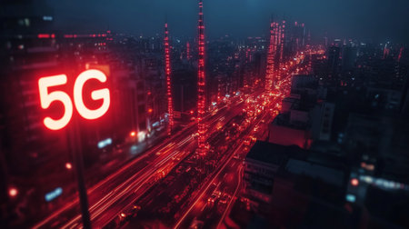 Concept of 5G network, cityscape with glowing wireless towers and fast data transmission signals.の素材