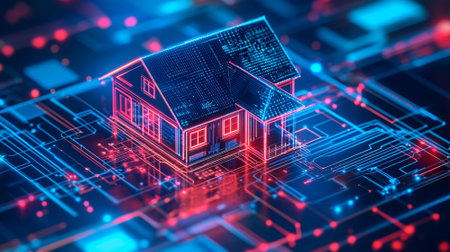 Smart home technology, digital interface controlling lights, security, and appliances through a tablet.の素材