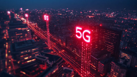 Concept of 5G network, cityscape with glowing wireless towers and fast data transmission signals.の素材