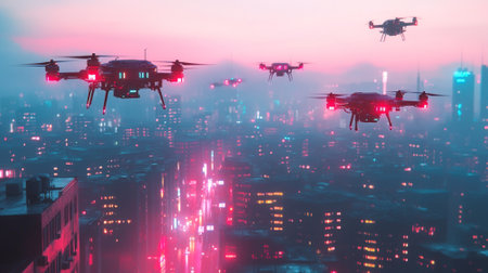 Futuristic city skyline with drone traffic in the air, neon lights reflecting on buildings, and a clear sky for copy space.の素材