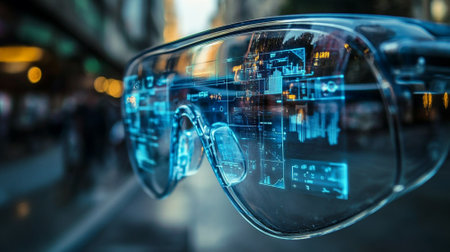 Augmented reality glasses displaying a high-tech interface, showing navigation and digital overlays.の素材