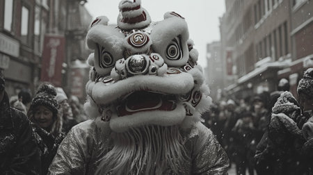 Crowded street parade for 2025 Chinese New Year, people dressed in traditional outfits looking worn out, some carrying heavy decorations, lion dancers looking tired but trying to smileの素材