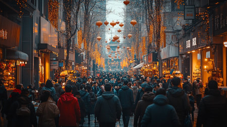 Chinese New Year festival in 2025, streets packed with people, vendors looking tired, children crying from exhaustion, traditional decorations everywhere, slight feeling of chaos and fatigueの素材