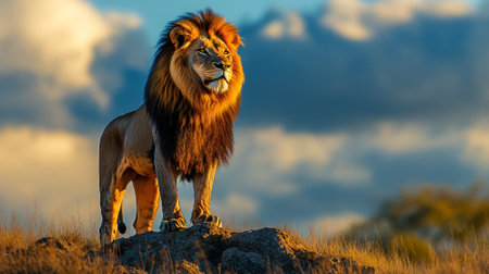 Majestic lion standing on a rocky outcrop, golden sunlight illuminating its mane, with a wide open savannah background for copy space.の素材