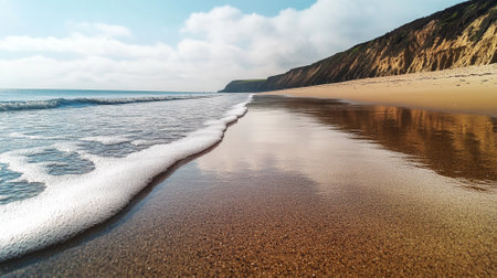 Sandy beach with gentle waves, clear sky, and a wide, empty stretch of sand in the foreground for copy space.の素材
