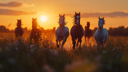 A herd of wild horses running across a grassy plain at sunset, dynamic movement with a clear sky for copy space.の素材