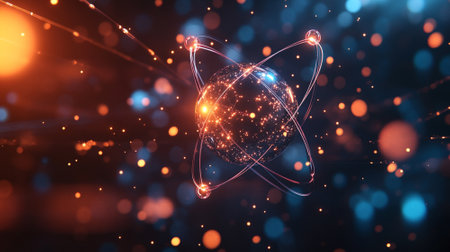 3D render of an atom with electrons orbiting a nucleus, glowing lines and dots, and a large space for copy text.の素材