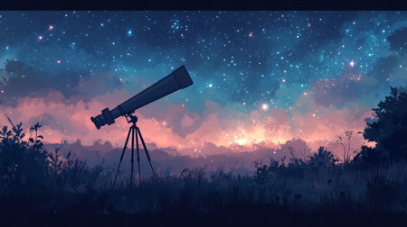 Astronomy concept with a telescope pointed toward a starry sky, galaxies visible in the distance, and a wide area for text.の素材