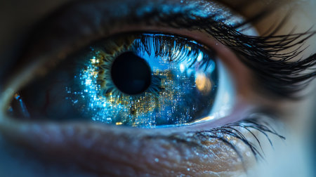 Close-up of a human eye with a digital interface overlay, symbolizing vision and technology, with ample space for text.の素材
