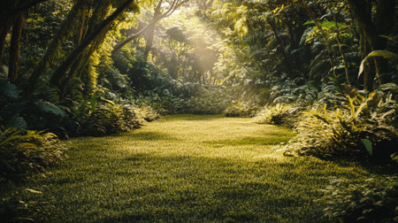 Tropical jungle scene with dense greenery in the background, soft sunlight filtering through leaves, and a large open space in the foreground.の素材