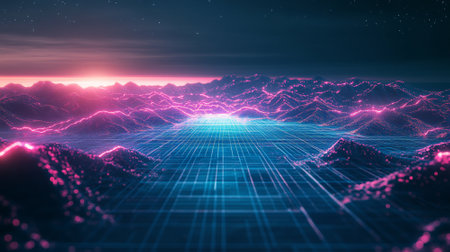 Virtual reality landscape with gridlines stretching into the distance, neon colors, and a wide area in the foreground for copy space.の素材