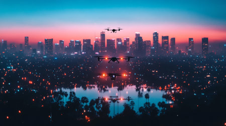 Futuristic city skyline with drone traffic in the air, neon lights reflecting on buildings, and a clear sky for copy space.の素材