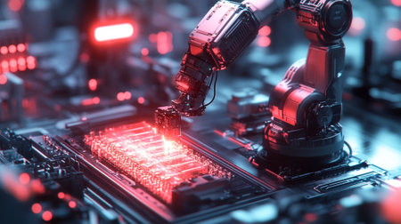 Robotic arm in an automated factory assembling high-tech products, efficient and precise movements.の素材