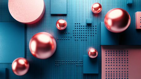 Minimalist tech background with geometric shapes, metallic textures, and a clean, open area for copy space.の素材