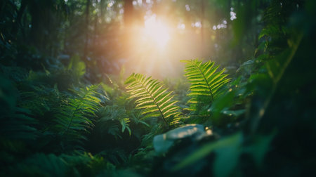 Tropical jungle scene with dense greenery in the background, soft sunlight filtering through leaves, and a large open space in the foreground.の素材