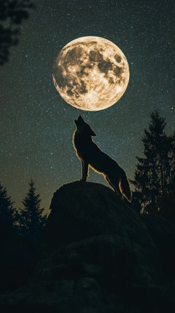 Silhouette of a wolf howling at a full moon, with a starry night sky providing ample space for copy.の素材