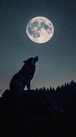 Silhouette of a wolf howling at a full moon, with a starry night sky providing ample space for copy.の素材
