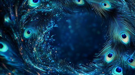 Abstract pattern of peacock feathers, vibrant blue and green colors with space for text in the center.の素材