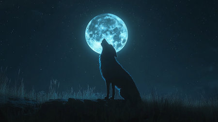 Silhouette of a wolf howling at a full moon, with a starry night sky providing ample space for copy.の素材