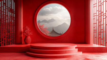3d blank red podium for your product on red background. Chinses background.の素材