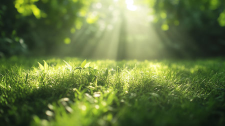 Green lawn with copyspace and flare. Generative AIの素材