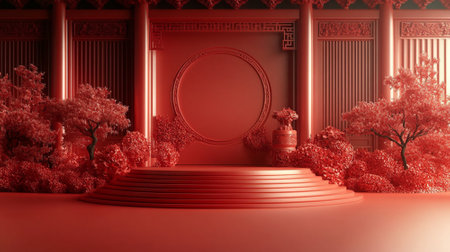 3d blank red podium for your product on red background. Chinses background.の素材