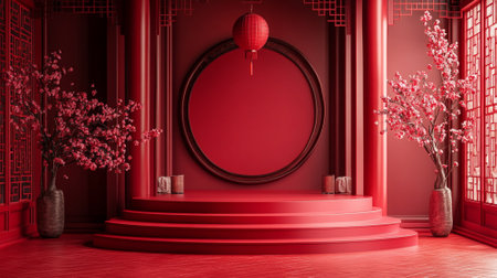3d blank red podium for your product on red background. Chinses background.の素材