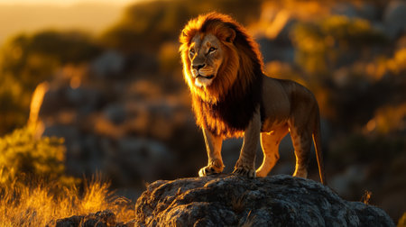 Majestic lion standing on a rocky outcrop, golden sunlight illuminating its mane, with a wide open savannah background for copy space.の素材