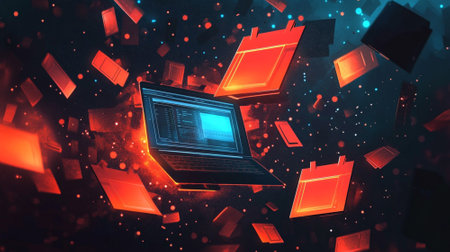 Black Friday online shopping background with a laptop, tablet, and smartphone, surrounded by falling discount tagsの素材