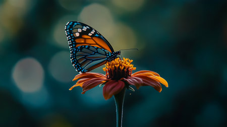 Close-up of a butterfly resting on a vibrant flower, soft blurred green background with plenty of room for copy space.の素材