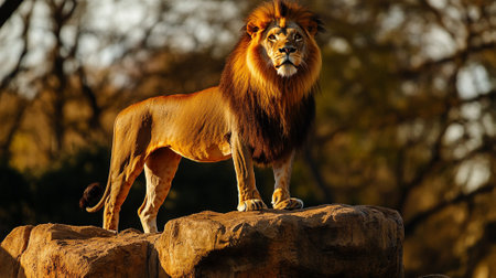 Majestic lion standing on a rocky outcrop, golden sunlight illuminating its mane, with a wide open savannah background for copy space.の素材
