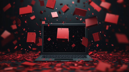 Black Friday online shopping background with a laptop, tablet, and smartphone, surrounded by falling discount tagsの素材