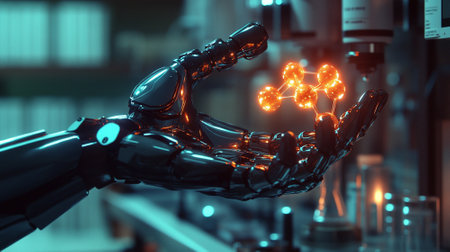 Futuristic robotic hand holding a glowing molecule, with a blurred background of lab equipment and space for copy.の素材