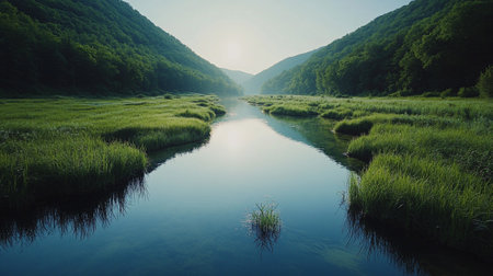 Peaceful river flowing through a green valley, forested hills in the distance, and a clear area of water or sky for copy space.の素材