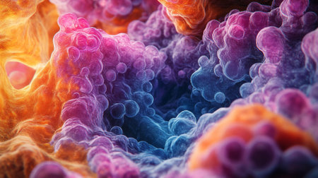 Microscopic view of cells dividing, intricate details of the cell structure, with a wide background for copy spaceの素材