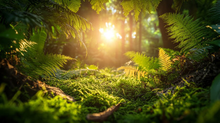 Tropical jungle scene with dense greenery in the background, soft sunlight filtering through leaves, and a large open space in the foreground.の素材