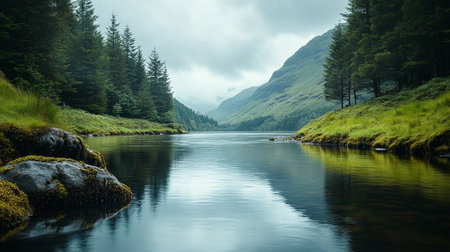 Peaceful river flowing through a green valley, forested hills in the distance, and a clear area of water or sky for copy space.の素材