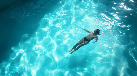 A tranquil scene of a person floating in a saltwater pool, surrounded by soft lightの素材