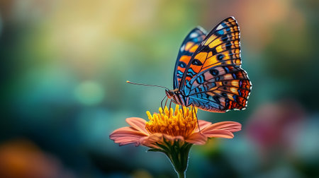 Close-up of a butterfly resting on a vibrant flower, soft blurred green background with plenty of room for copy space.の素材