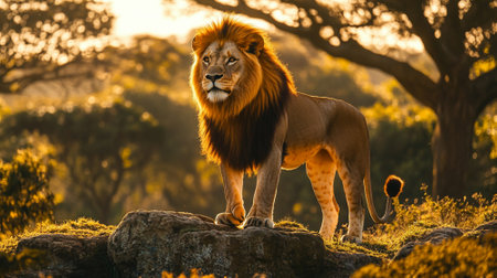 Majestic lion standing on a rocky outcrop, golden sunlight illuminating its mane, with a wide open savannah background for copy space.の素材