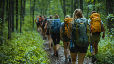 A cheerful group hiking through a forest trail, backpacks and water bottles in handの素材