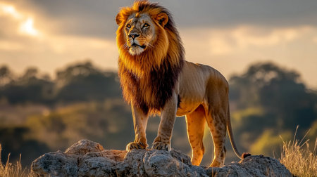 Majestic lion standing on a rocky outcrop, golden sunlight illuminating its mane, with a wide open savannah background for copy space.の素材