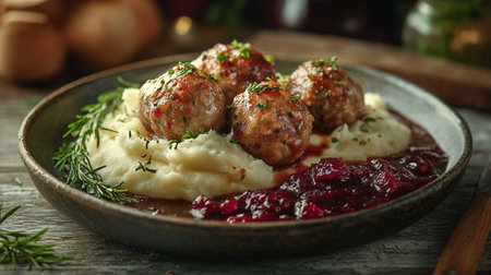 Swedish meatballs with creamy gravy, mashed potatoes, and lingonberry sauce, served on a rustic plateの素材